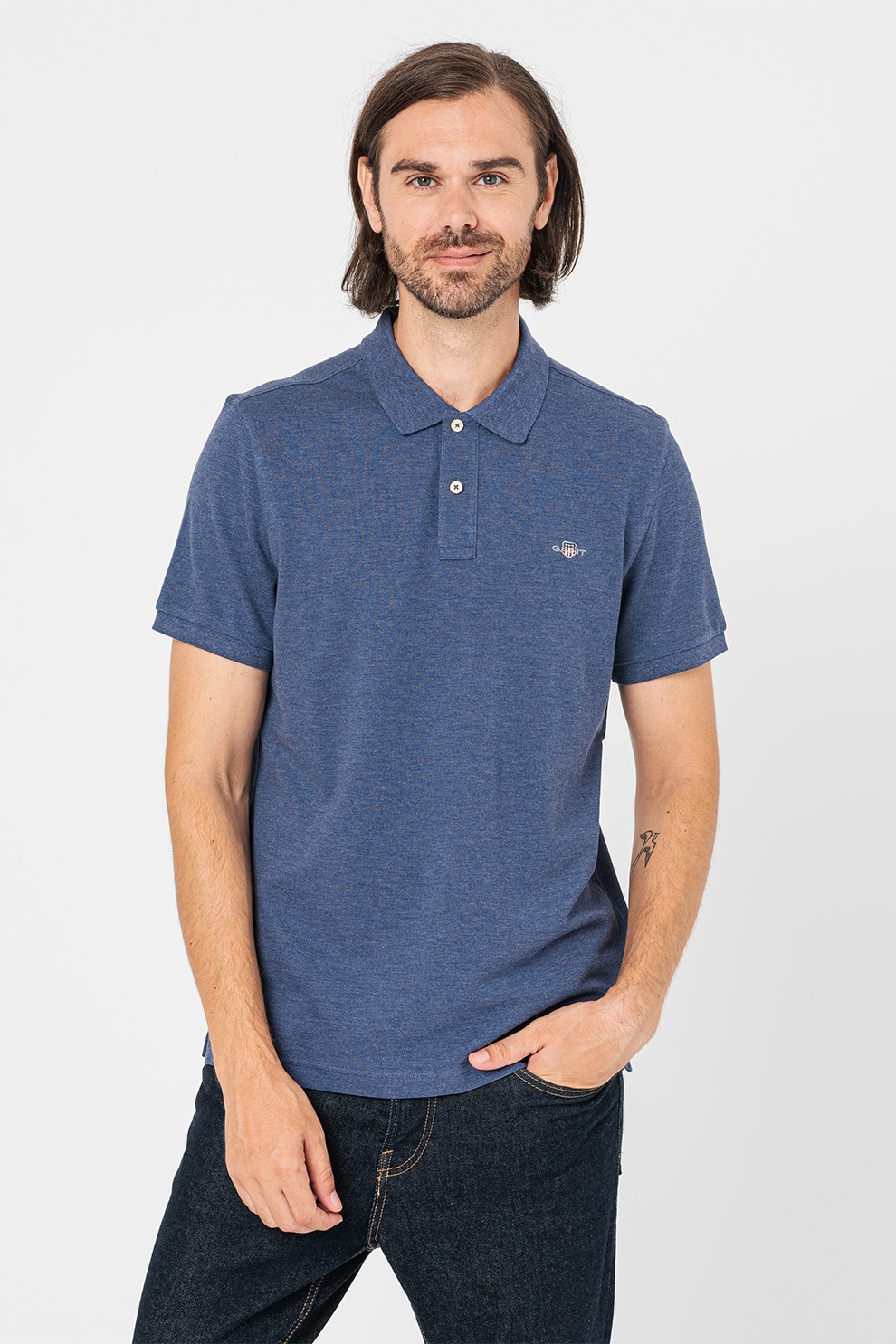 Gant, Tricou polo din bumbac cu aspect pique, Albastru melange, L