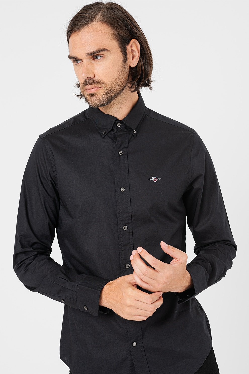 Gant, Camasa slim fit cu guler fixat cu nasturi, Negru, L