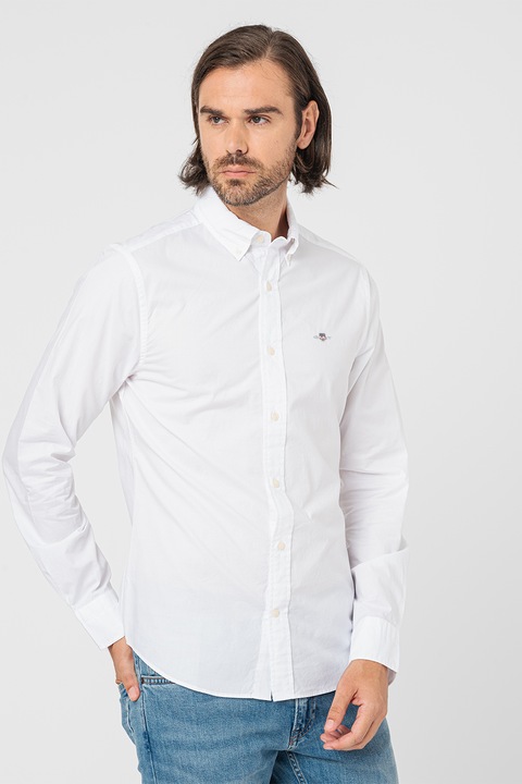 Gant, Camasa slim-fit cu guler fixat cu nasturi, Alb optic