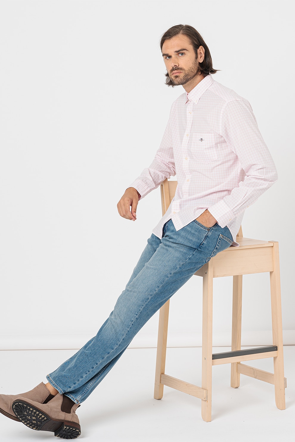 Gant, Camasa din bumbac Gingham, Alb, Roz deschis, L