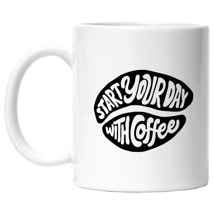 Cana Cu Mesaj Start Your Day With Coffee, Dimineata Rece, Iubitorii De Cafea, Negru, 330 ml, cu maner Alb