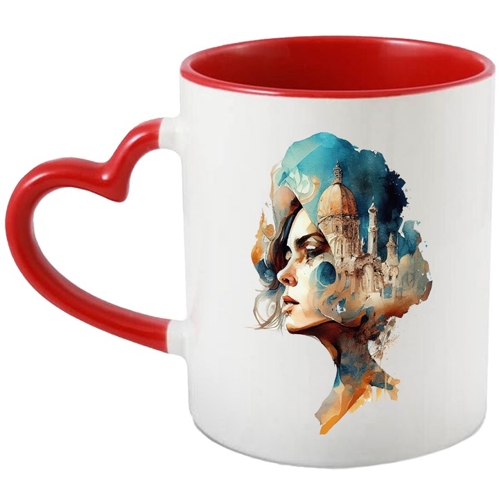 Cana Cu Portret Fata, Cladiri Balcanice Contemporane, Italia, Romania, Venetia, Multicolor, 330 ml, cu maner Inima Rosie