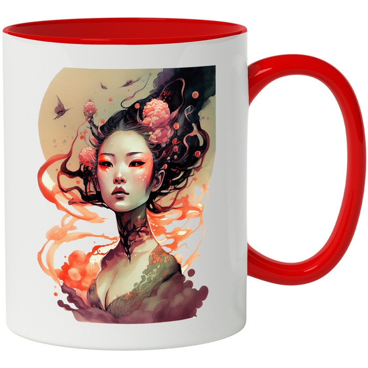 Cana Cu Zeita Asiatica Par In Vant, Flori Roz In Par, Iubitorii De Anime, Multicolor, 330 ml, cu maner Rosu