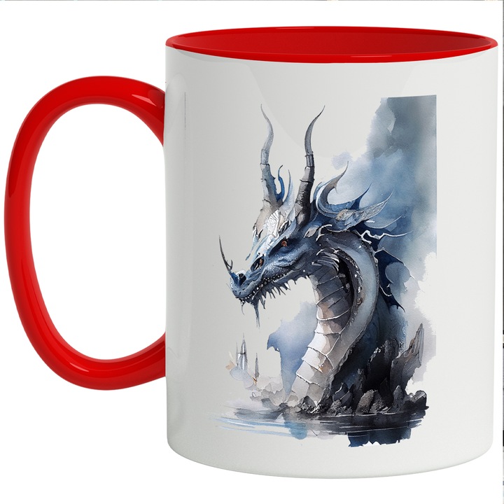 Cana Cu Dragonul Ce Iese Din Gheata, Coarne Mari, Desene Animate, Copii, Designe Abstract, Multicolor, 330 ml, cu maner Rosu