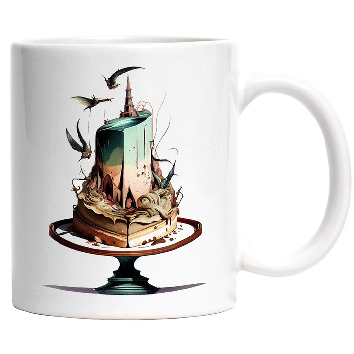 Cana Cu Tort Abstract, Inspirat Mare Turn, Dragoni Zburand, Multicolor, 330 ml, cu maner Alb