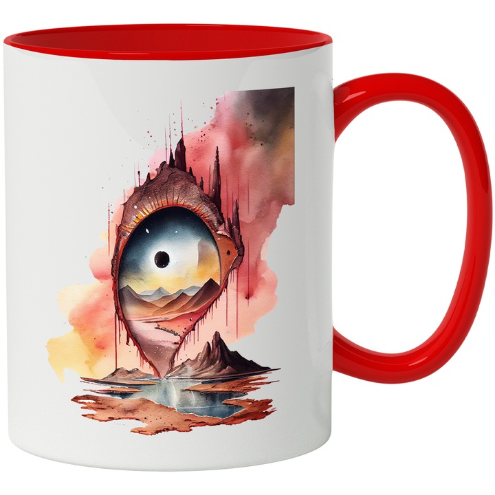 Cana Cu Arta Abstracta, Rau, Luna Plina, Priveliste In Priveliste, Multicolor, 330 ml, cu maner Rosu