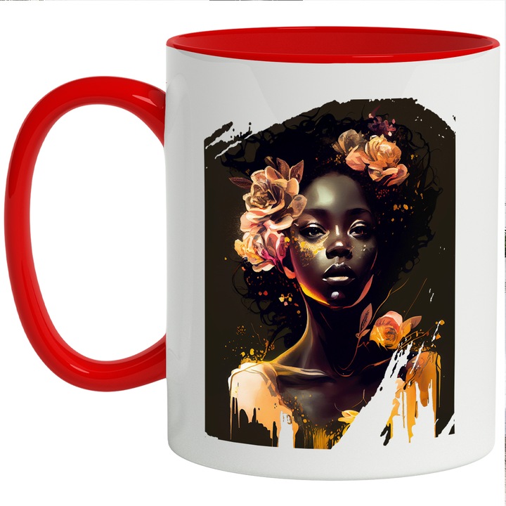 Cana Cu Portret Zeita Cu Florilor Galbene, Triburi Africane, Frumusetea Naturala, Multicolor, 330 ml, cu maner Rosu