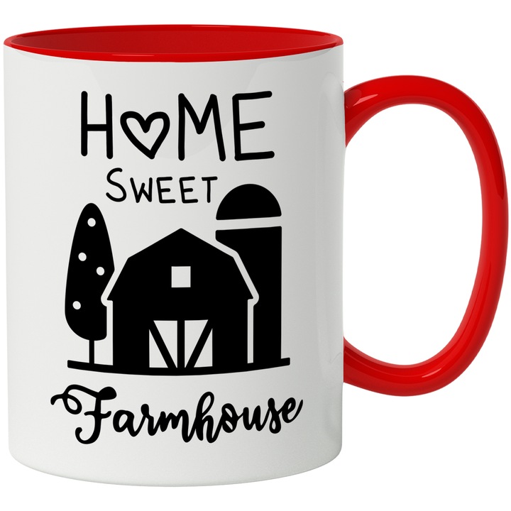 Cana Cu Mesajul Home Sweet Farmhouse, Casa Dulce Casa, Iubitorii De Ferma, Negru, 330 ml, cu maner Rosu