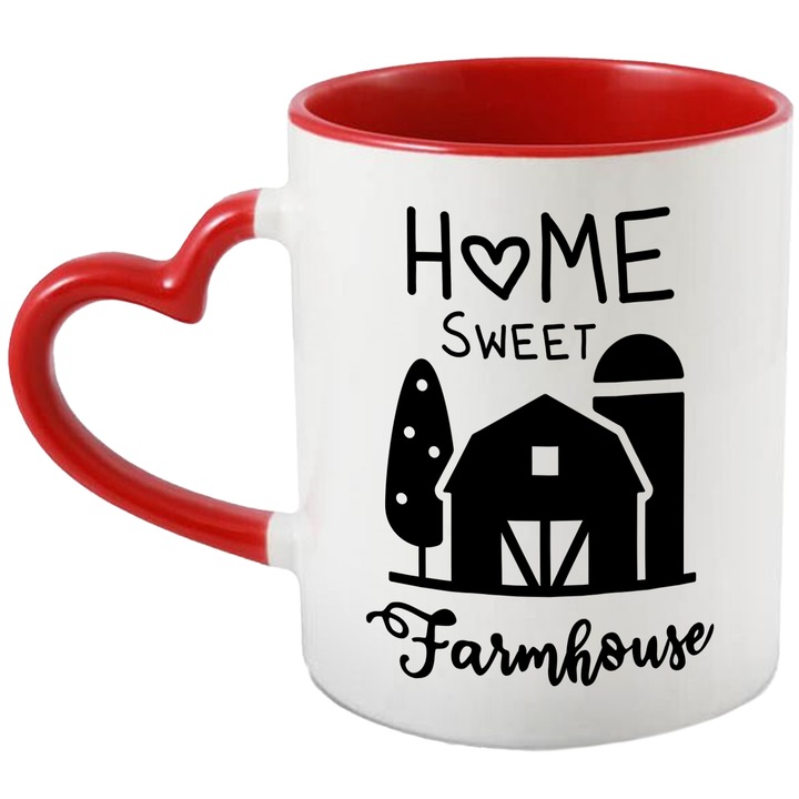 Cana Cu Mesajul Home Sweet Farmhouse, Casa Dulce Casa, Iubitorii De Ferma, Negru, 330 ml, cu maner Inima Rosie