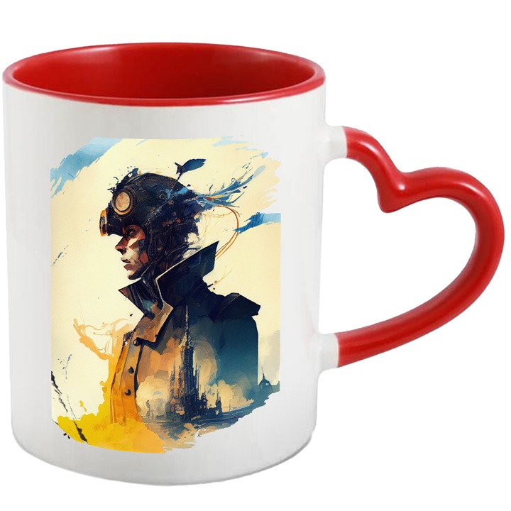 Cana Cu Pictura Femeie Razboinica, Haina Cu Cladiri Bizare, Castel, Lumea Poluata, Apocalipsa, Multicolor, 330 ml, cu maner Inima Rosie