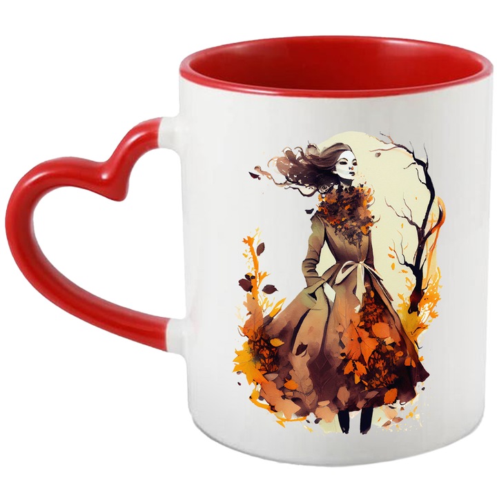 Cana Cu Desen Regina Taomnei, Par In Vant, Tinuta Bizara, Tablou De Toamna, SF, Multicolor, 330 ml, cu maner Inima Rosie