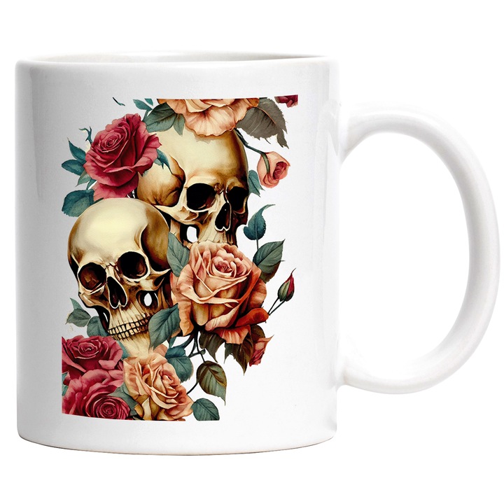 Cana Cu Cranii De Mort, Trandafiri Rosii Si Roz, Rock, Iubitorii De Gen Rock, Multicolor, 330 ml, cu maner Alb