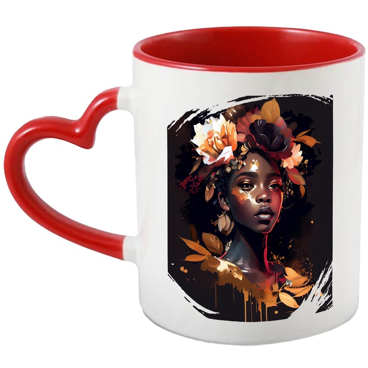 Cana Cu Portret Femeie Din Triburi Africane, Flori Galbene In Par, Frumusetea Naturala, Multicolor, 330 ml, cu maner Inima Rosie