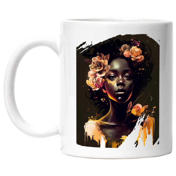 Cana Cu Portret Zeita Cu Florilor Galbene, Triburi Africane, Frumusetea Naturala, Multicolor, 330 ml, cu maner Alb