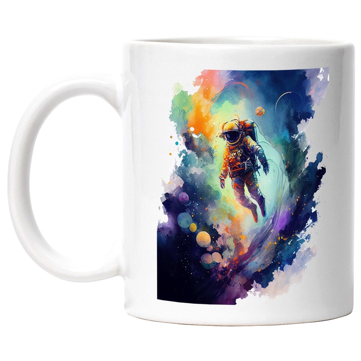 Cana Cu Pictura Astronaut Pierdut In Spatiu, Iubitorii De Astronomie, Cer Colorat, Multicolor, 330 ml, cu maner Alb