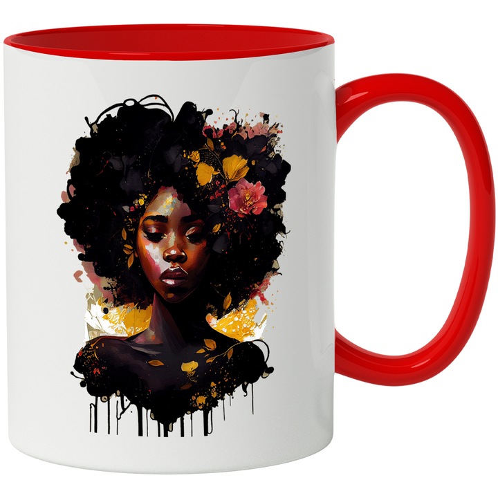 Cana Cu Portret Zeita Cu Florilor In Parul Cret, Triburi Africane, Frumusetea Naturala, Multicolor, 330 ml, cu maner Rosu