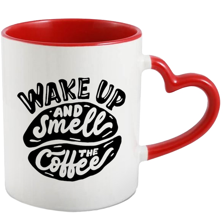 Cana Cu Mesaj Wake Up And Smell The Coffee, Cafeaua De Dimineata, Iubitorii De Cafea, Negru, 330 ml, cu maner Inima Rosie