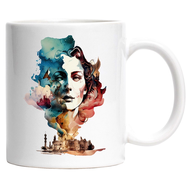 Cana Cu Portret Femeie Batrana, Din Fumul Din Oras, Turnuri Inalte Contemporane, Castelul Printesei, Multicolor, 330 ml, cu maner Alb
