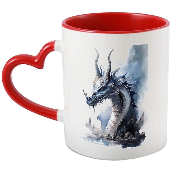 Cana Cu Dragonul Ce Iese Din Gheata, Coarne Mari, Desene Animate, Copii, Designe Abstract, Multicolor, 330 ml, cu maner Inima Rosie