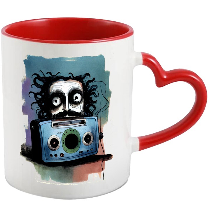 Cana Cu Casetofon Vechi Alber Einsten In Spate, Desene Animate Haioasa, Copii, Designe Abstract, Multicolor, 330 ml, cu maner Inima Rosie