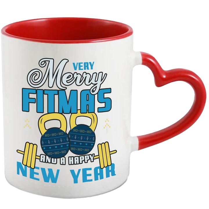 Cana Cu Mesajul Haios Very Merry Fitmas, Gym, Iubitorii De Fitness, Negru, 330 ml, cu maner Inima Rosie