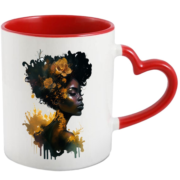 Cana Cu Portret Femeie Cu Flori Galbene, Triburi Africane, Frumusetea Naturala, Multicolor, 330 ml, cu maner Inima Rosie