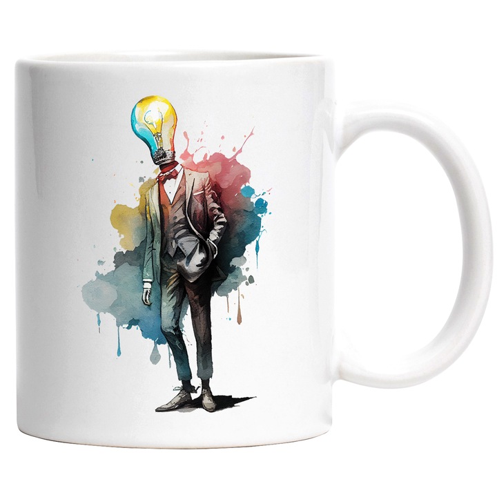 Cana Cu Arta Abstracta, Silueta Barbateasca In Costum, Bec In Loc De Cap, Cer Multicolor, Multicolor, 330 ml, cu maner Alb