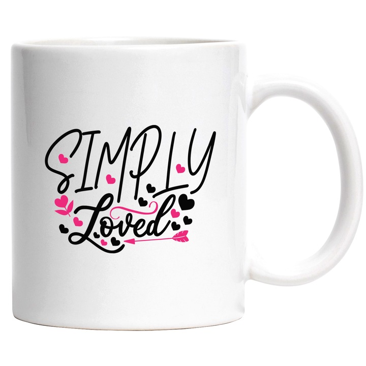 Cana Cu Mesaj Romantic Simply Loved, Simplu Iubit, Dragobete, Partener, Negru, Roz, 330 ml, cu maner Alb