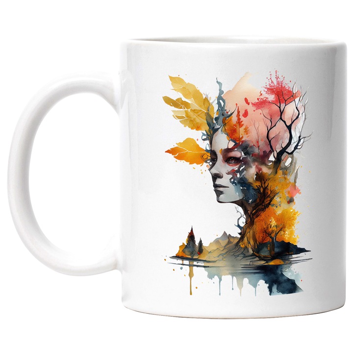 Cana Cu Pictura Curgatoare, Portret Regina Taomnei, Copac Uscat, Tablou De Toamna, SF, Multicolor, 330 ml, cu maner Alb