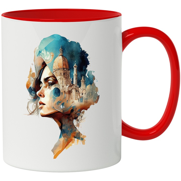 Cana Cu Portret Fata, Cladiri Balcanice Contemporane, Italia, Romania, Venetia, Multicolor, 330 ml, cu maner Rosu