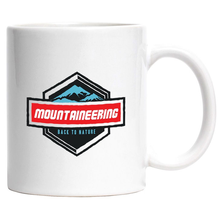 Cana Cu Mesajul Mountaineering Back To Nature, Mountain Bike, Iubitorii De Aventura Cu Bicicleta Pe Munte, Multicolor, 330 ml, cu maner Alb
