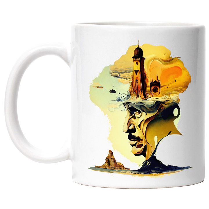 Cana Cu Pictura Abstracta, Chip Om Batran, Turn Inalt Stil Turcesc, Malul Marii, Multicolor, 330 ml, cu maner Alb