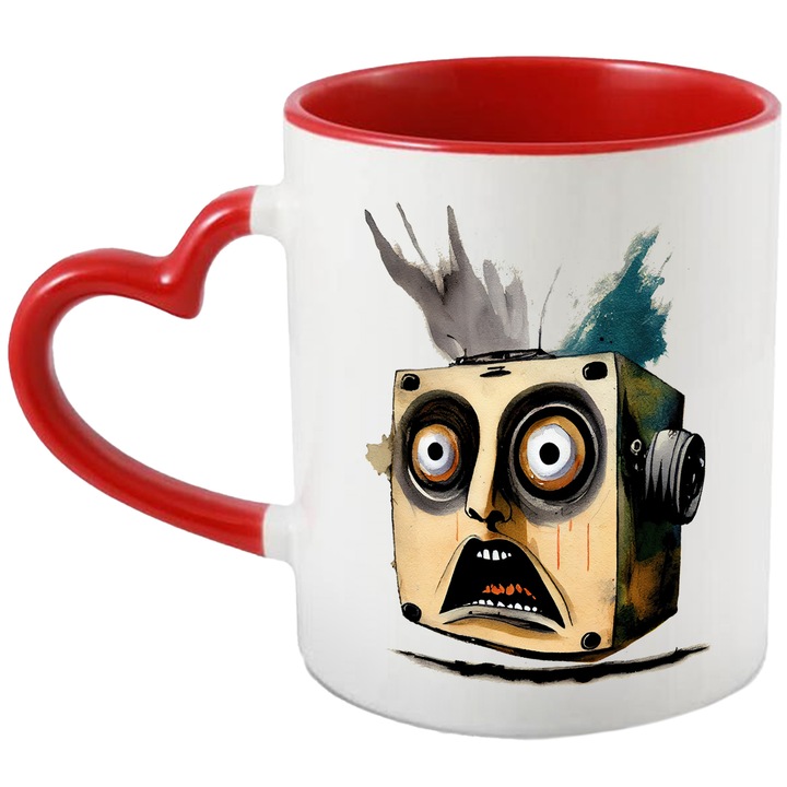 Cana Cu Casetofon Robot Painting, Desene Animate Haioasa, Copii, Designe Abstract, Multicolor, 330 ml, cu maner Inima Rosie