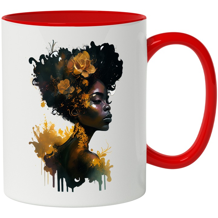 Cana Cu Portret Femeie Cu Flori Galbene, Triburi Africane, Frumusetea Naturala, Multicolor, 330 ml, cu maner Rosu