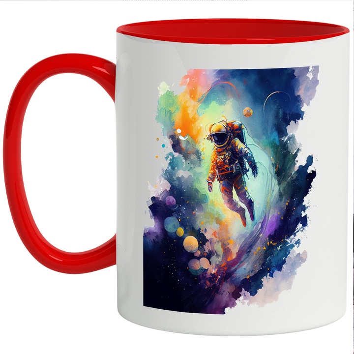 Cana Cu Pictura Astronaut Pierdut In Spatiu, Iubitorii De Astronomie, Cer Colorat, Multicolor, 330 ml, cu maner Rosu