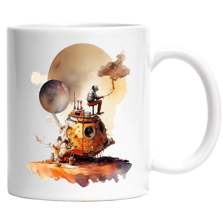 Cana Cu Pictura Muncitrii La Cap De Robot, Iubitorii De Robotica, Marte, Univers Necunoscut, Multicolor, 330 ml, cu maner Alb