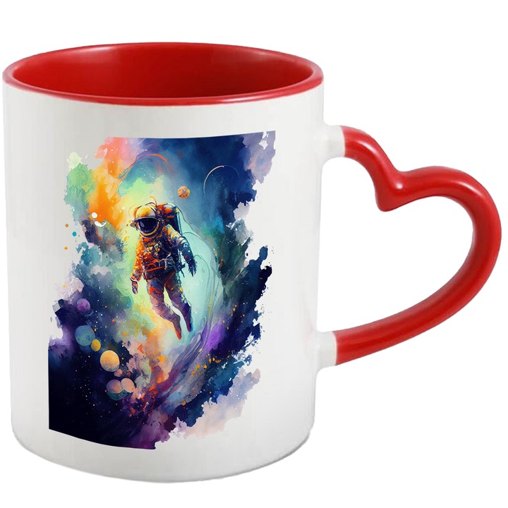 Cana Cu Pictura Astronaut Pierdut In Spatiu, Iubitorii De Astronomie, Cer Colorat, Multicolor, 330 ml, cu maner Inima Rosie