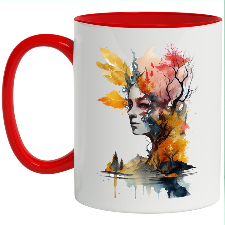 Cana Cu Pictura Curgatoare, Portret Regina Taomnei, Copac Uscat, Tablou De Toamna, SF, Multicolor, 330 ml, cu maner Rosu