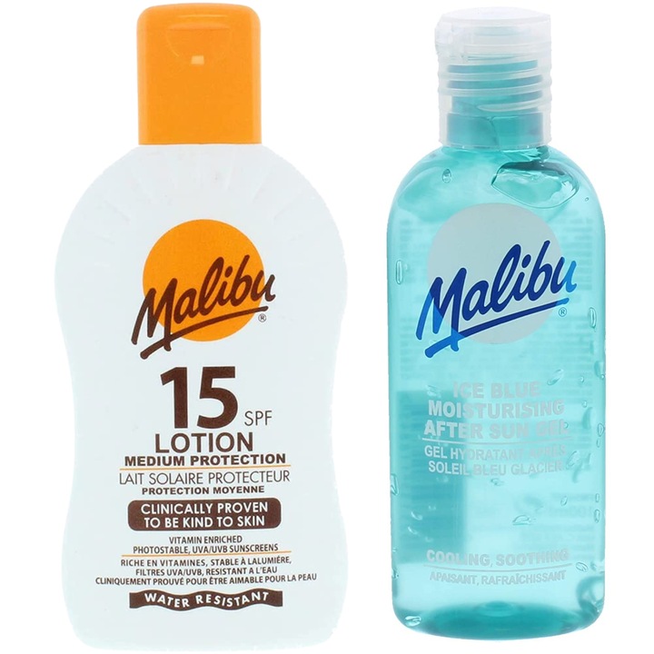 Set Balsam Protectie Malibu SPF15 200ml wi Gel After Sun Ice Blue 100ml, Wodoodporn, cu Aloe Vera