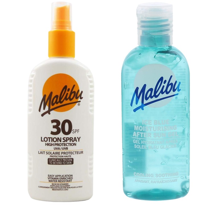 Комплект спрей за слънцезащита Malibu SPF30 200ml + гел за след слънце Ice Blue 100ml