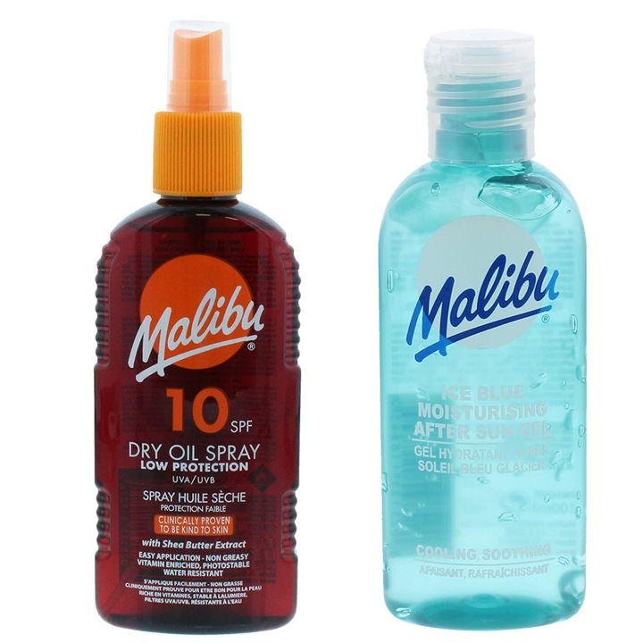 Set protectie solara, Malibu, SPF10 Ulei spray de bronzare 200ml + Gel dupa soare, 2 buc