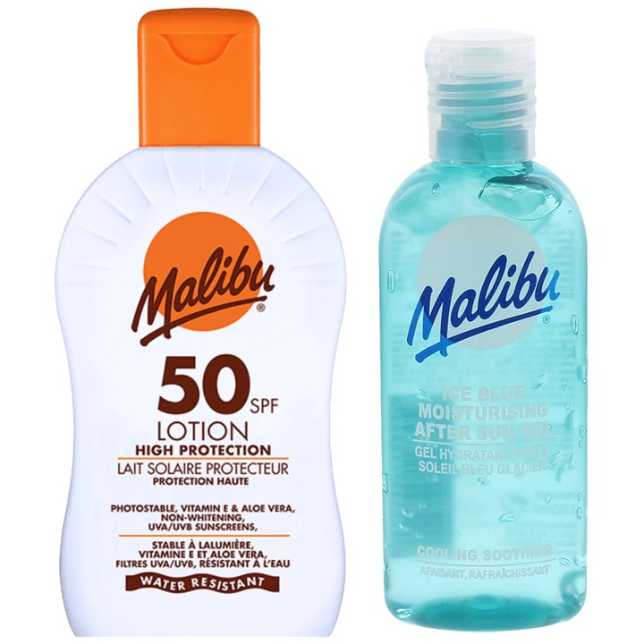 Set protectie solara Malibu SPF50 Balsam 200ml + Gel dupa soare 100ml, apa, aloe vera