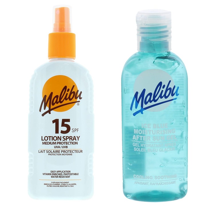 Set spray solar Malibu SPF15 200ml + gel dupa plaja 100ml, apa rezistenta, cu Aloe Vera