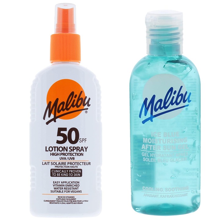 Set spray solar Malibu SPF50 200ml + gel dupa bronzare Ice Blue 100ml