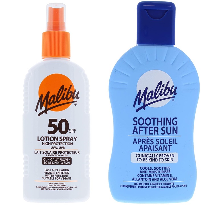 Комплект слънцезащитен спрей Malibu SPF50 200ml + балсам за след слънце 200ml, водоустойчив, с витамин Е и Алое Вера
