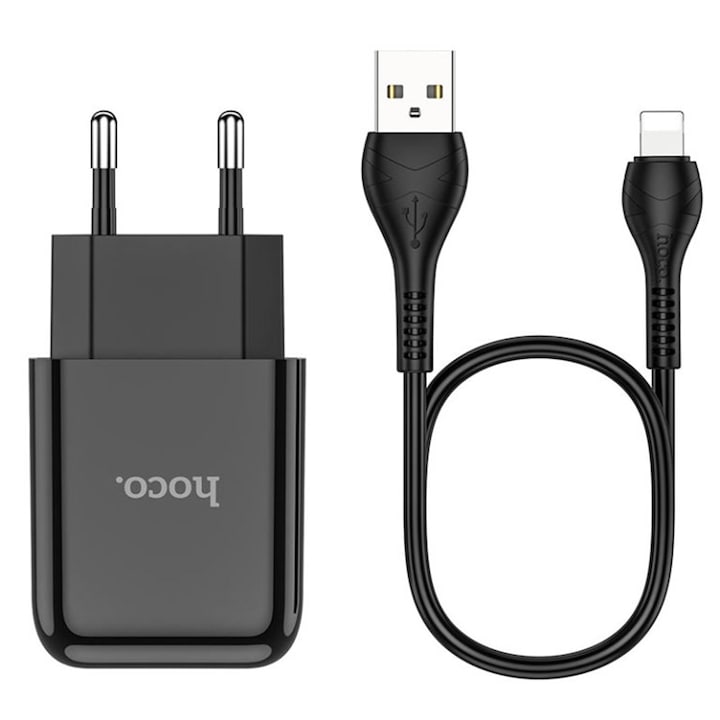 USB-A зарядно, 10W, 2.1A + Lightning кабел, Hoco Vigor (N2), черно