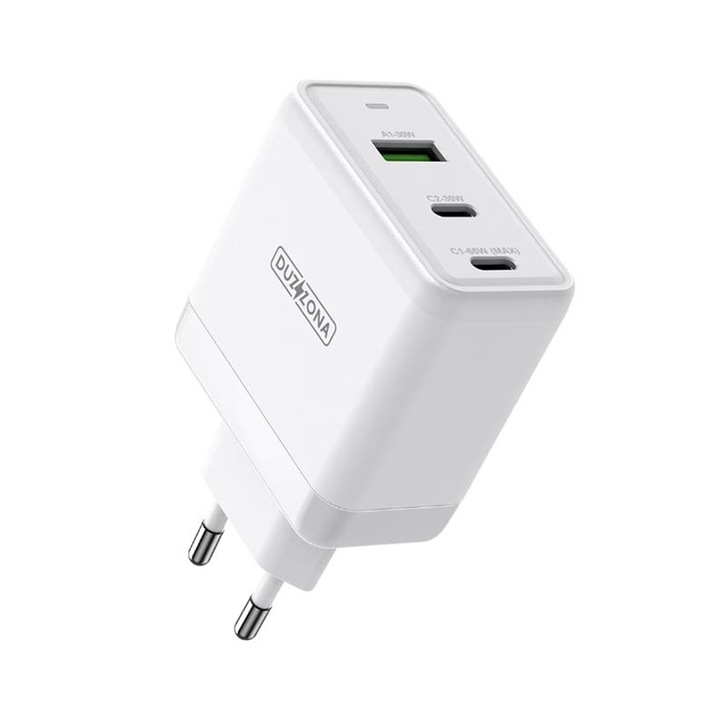 Töltő USB aljzat, 2x Type-C, 65W, Duzzona (T1), Fehér