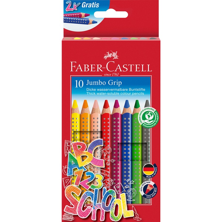 Комплект цветни моливи Faber-Castell Jumbo Grip, 10 цвята