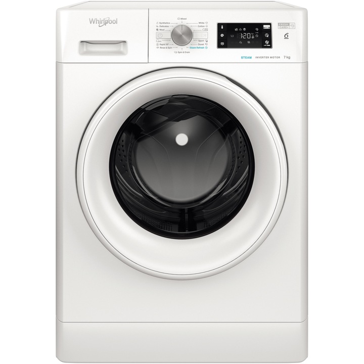 Пералня Whirlpool FFB7259WVEE, 7 кг, 1200 об/мин, Клас B, FreshCare+, Steam Refresh, 6th Sense Technology, Inverter Motor, Бял