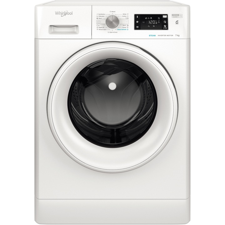 Masina de spalat rufe Whirlpool FFB7259WVEE, 7 kg, 1200 RPM, Clasa B, FreshCare+, Steam Refresh, Tehnologia al-6lea Simt, Motor Inverter, Alb